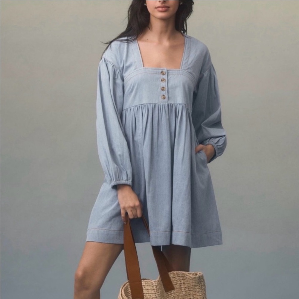 Anthropologie Light Blue Square Neck Babydoll Dress